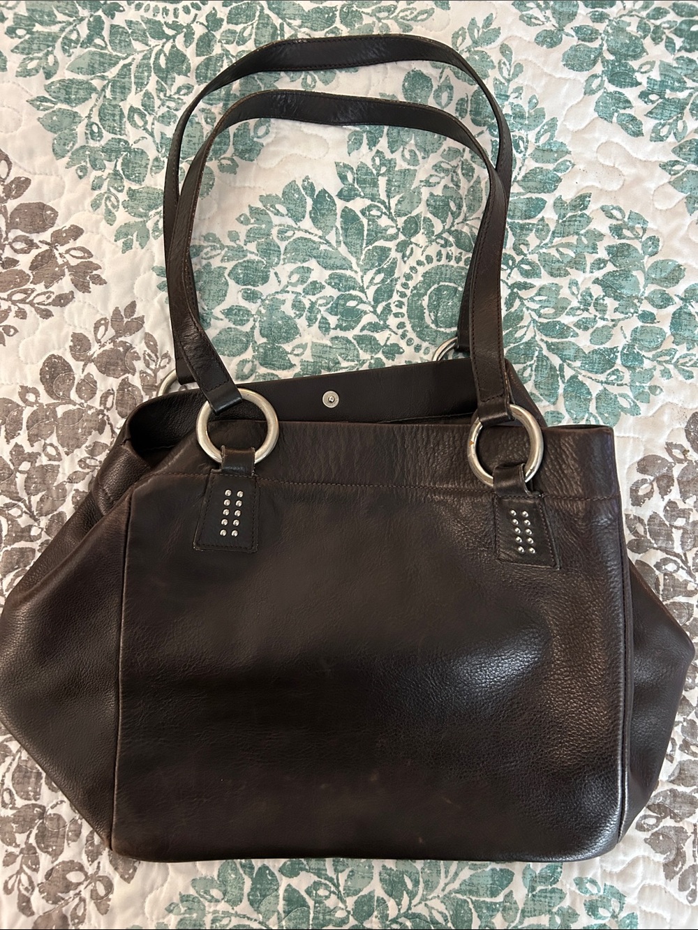 Dark Brown Leather Tote with Silver Ring Accents
